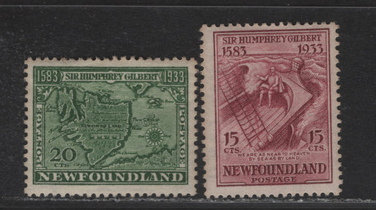Lot 199 Newfoundland #222-223 15c-20c Claret & Deep Green Gilbert on The Squirrel & Map Of Newfoundland, 1933 Sir Humphrey Gilbert Issue, 2 Fine OG & VFOG Singles