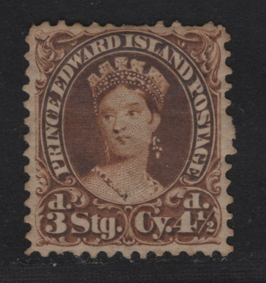 Lot 20 Prince Edward Island #10i 4 1/2d Yellow Brown, 1870 Queen Victoria Dual Currency Issue, A VG OG Single