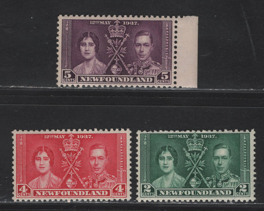 Lot 204 Newfoundland #230-232 2c-5c Myrtle Green - Deep Purple King George VI & Queen Elizabeth, 1937 Coronation Issue, 3 VFNH Singles