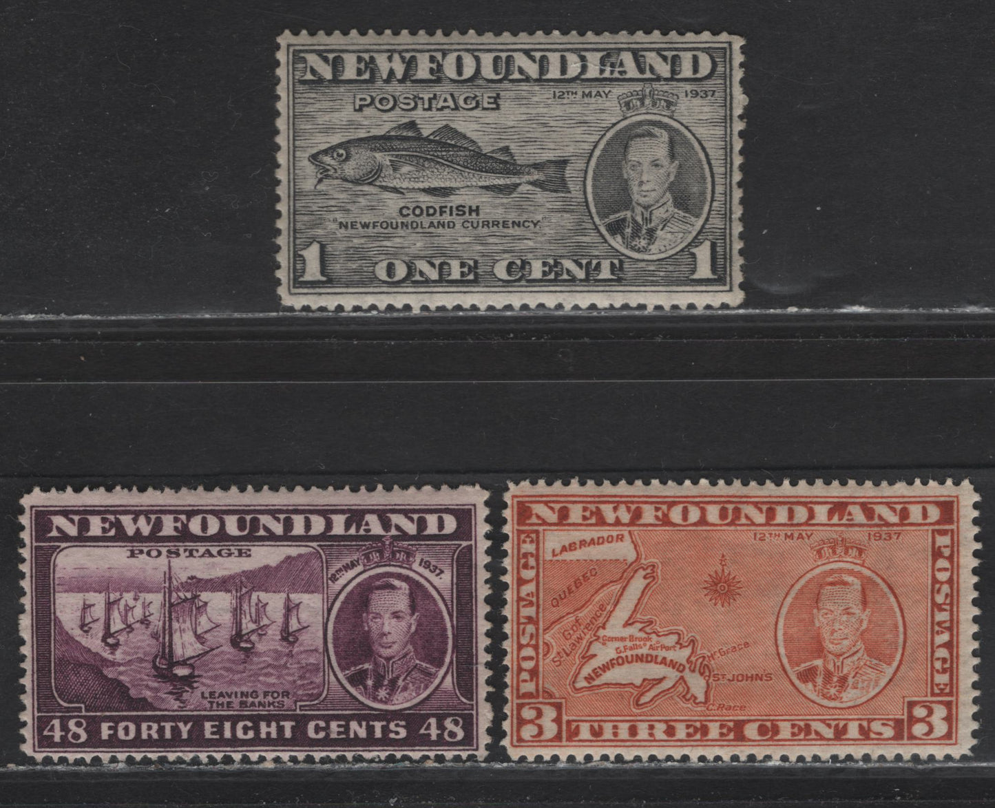Lot 207 Newfoundland #233-234, 243 1c-3c, 48c Grey Black - Plum Codfish - Fishing Fleet, 1937 Long Coronation Issue, 3 Fine OG & VFNH Singles Line Perf. 13.9 and 14.25