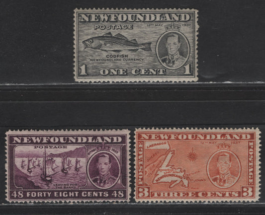Lot 207 Newfoundland #233-234, 243 1c-3c, 48c Grey Black - Plum Codfish - Fishing Fleet, 1937 Long Coronation Issue, 3 Fine OG & VFNH Singles Line Perf. 13.9 and 14.25