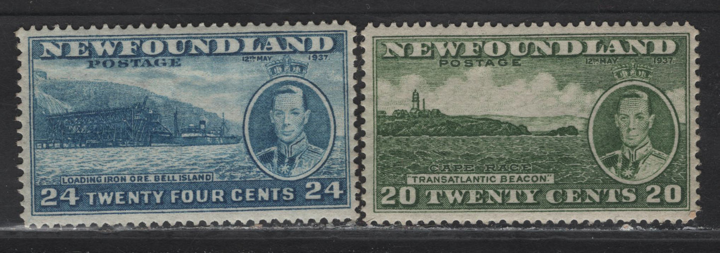 Lot 208 Newfoundland #240-241 20c-24c Prussian Blue - Bronze Green Cape Race - Loading Iron Ore,Bell Island, 1937 Long Coronation Issue, 2 VFNH Singles Line Perf. 14.25 (20c), Amd Line Perf. 13.9 (24c)
