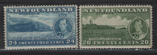Lot 208 Newfoundland #240-241 20c-24c Prussian Blue - Bronze Green Cape Race - Loading Iron Ore,Bell Island, 1937 Long Coronation Issue, 2 VFNH Singles Line Perf. 14.25 (20c), Amd Line Perf. 13.9 (24c)