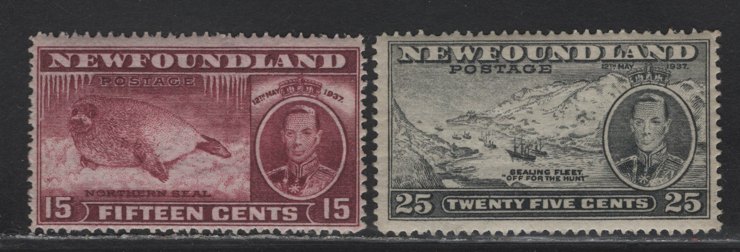 Lot 209 Newfoundland #239, 242 15c, 25c Claret, Slate Hap Seal - Sealing Fleet, 1937 Long Coronation Issue, 2 Fine NH Singles Line Perf. 14.25