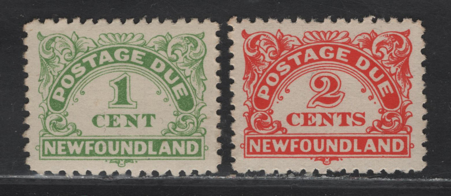 Lot 212 Newfoundland #J1-J2a 1c-2c Green & Vermilion Numeral in Ornamental Frame, 1939-1949 Postage Due Issue, 2 VFOG Singles Perf. 10-10.5