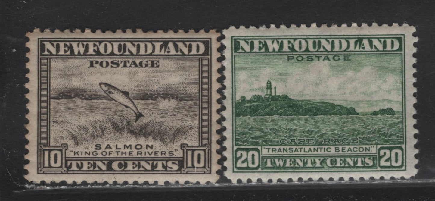 Lot 219 Newfoundland #260, 263 10c, 20c Olive Black & Bronze Green Salmon Leaping Falls & Cape Race, 1941-1944 Waterlow Resources Issue, 2 VFOG Singles