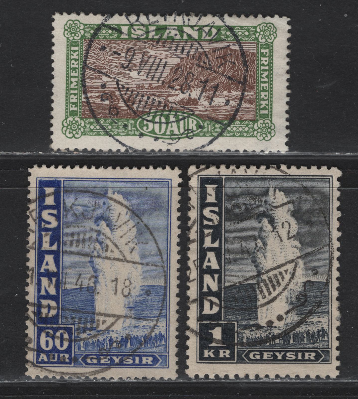 Lot 223 Iceland SC#148, 208A, 208Bd 50a-1kr Yellow Green & Brown - Indigo Landing The Mail - Geyser, 1925-1947 Mail Service Issue & High Value Definitives, 3 VF Used Singles With SON Reykjavik Cancels
