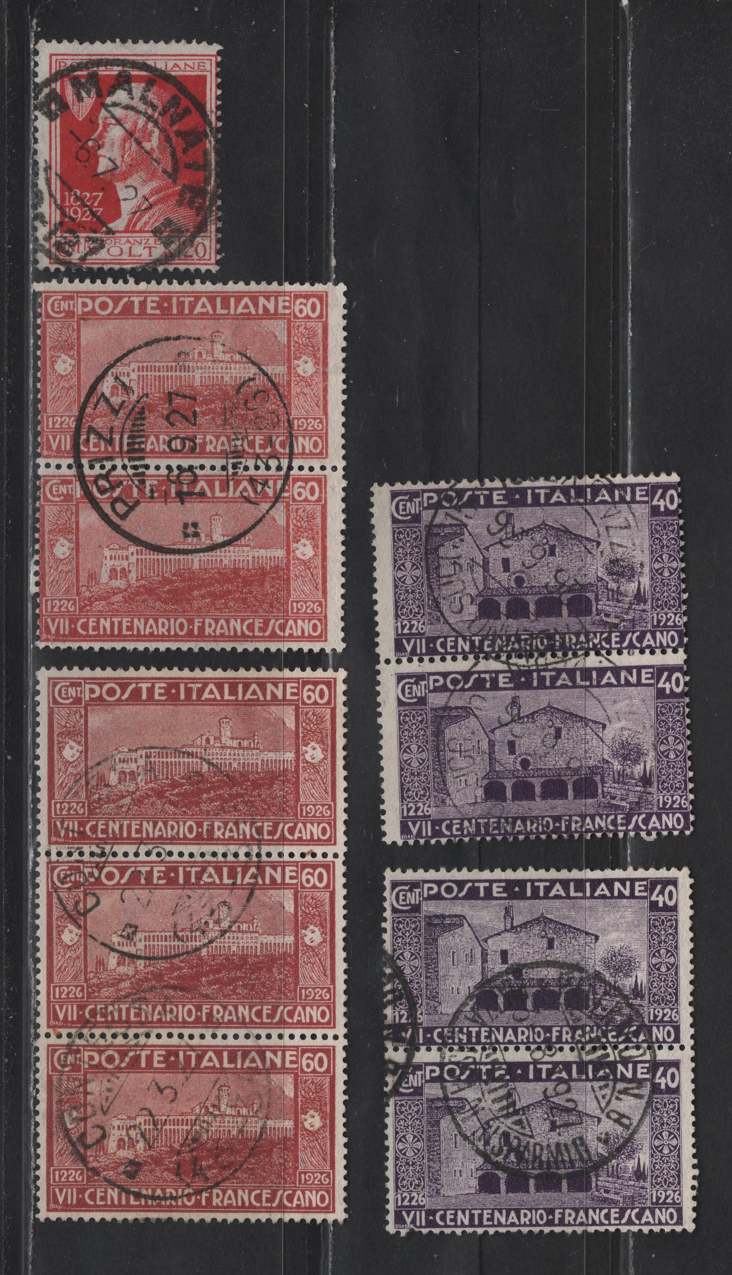 Lot 228 Italy SC#179-180, 188 20c-60c Dark Carmine - Red Brown Monastery of St. Damien - Alessandro Volta, 1926 St. Francis of Assisi - 1927 Alessando Volta Memorial Issues, 3 Fine & VF Used Pairs, One Strip Of 3 & A Single With SON CDS Town Cancels