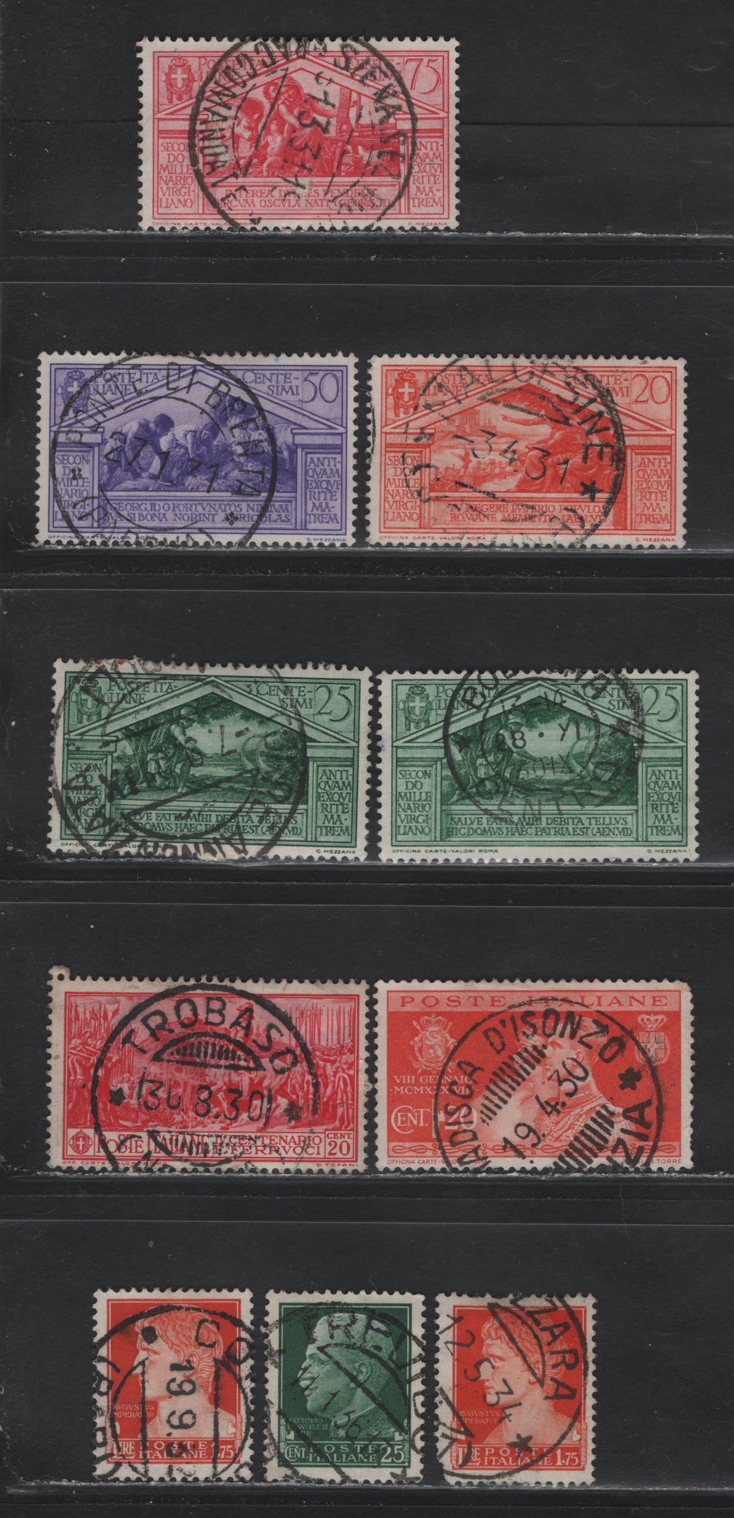 Lot 229 Italy SC#218, 224, 239, 242, 249-250, 252-253 25c-50c Dark Green - Rose Red Augustus Caesar - Helenus & Aeneas, 1929-1942 Portrait Definitives - 1930 Virgil Issue, 9 Fine & VF Used Singles With SON CDS Town Cancels