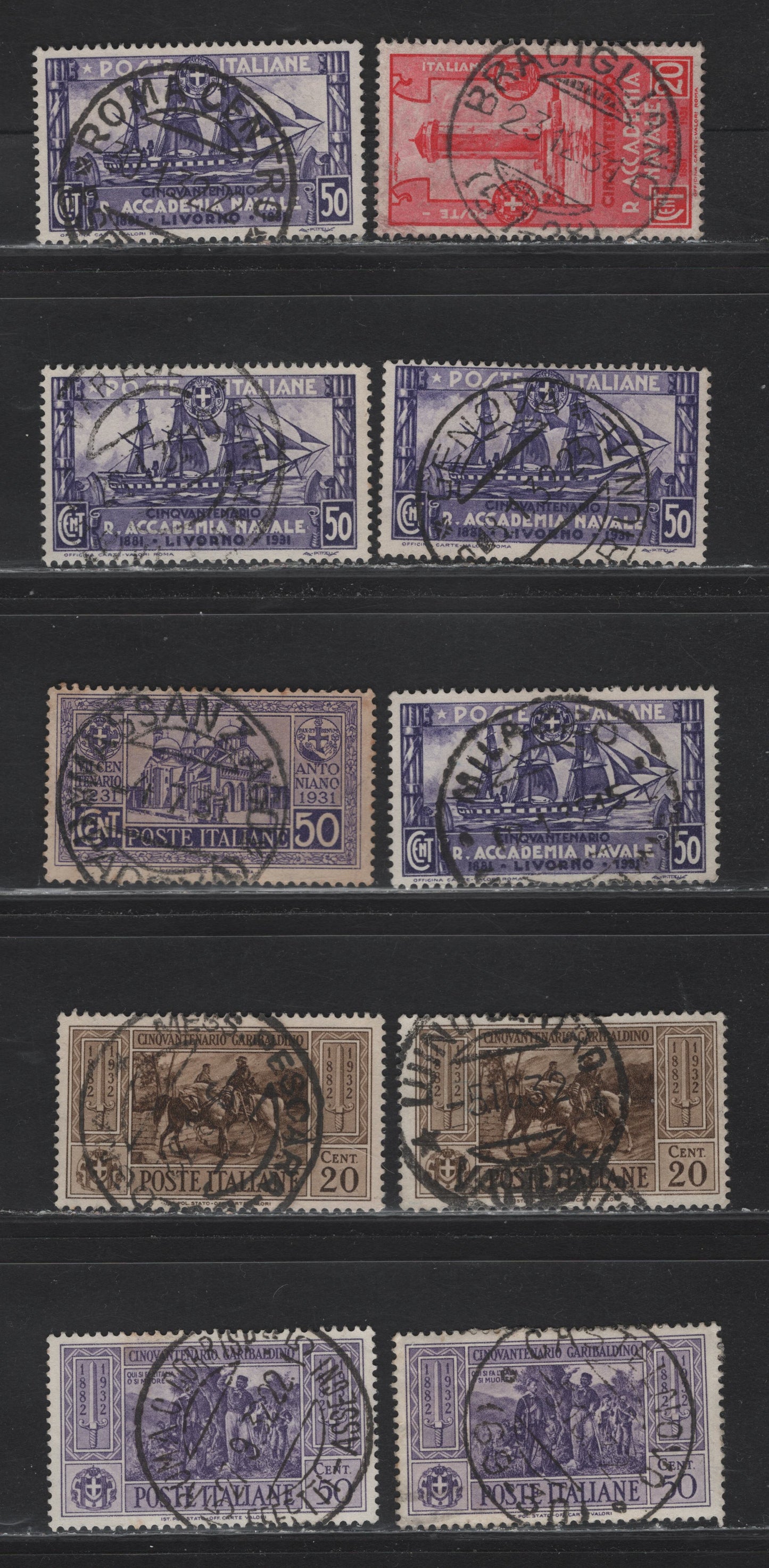 Lot 230 Italy SC#261, 265-266, 281, 284 20c-50c Rose Red - Violet Tower Of Meloria - Battle of Calatafimi, 1931-1932 Royal Naval Academy - Garibaldi Issues, 9 VG - VF Used Singles With SON CDS Town Cancels