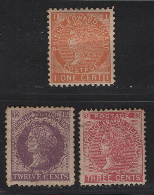 Lot 23 Prince Edward Island #11, 13d, 16 1c Brown Orange, 3c Rose & 12c Violet, 1872-73 Cents Issues, 3 F&VF OG Singles Perf 11.7x11.75, 12.6, 12.5x12.3.