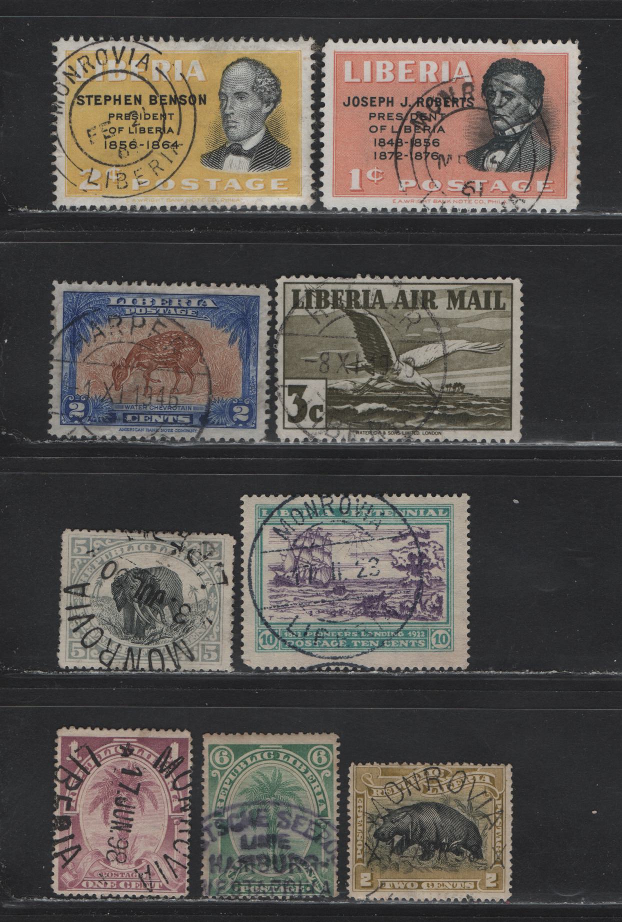 Lot 241 Liberia SC#36, 54, 57, 61, 212, C6, 284, 371-372 6c-3c Blue Green - Olive Green Palm Tree - Eagle, 1892-1896 Waterlow Pictiorial Definitives - 1938 Airmail, 9 VG-VF Used Singles With SON Harper, Monrovia & German Seepost Cancels