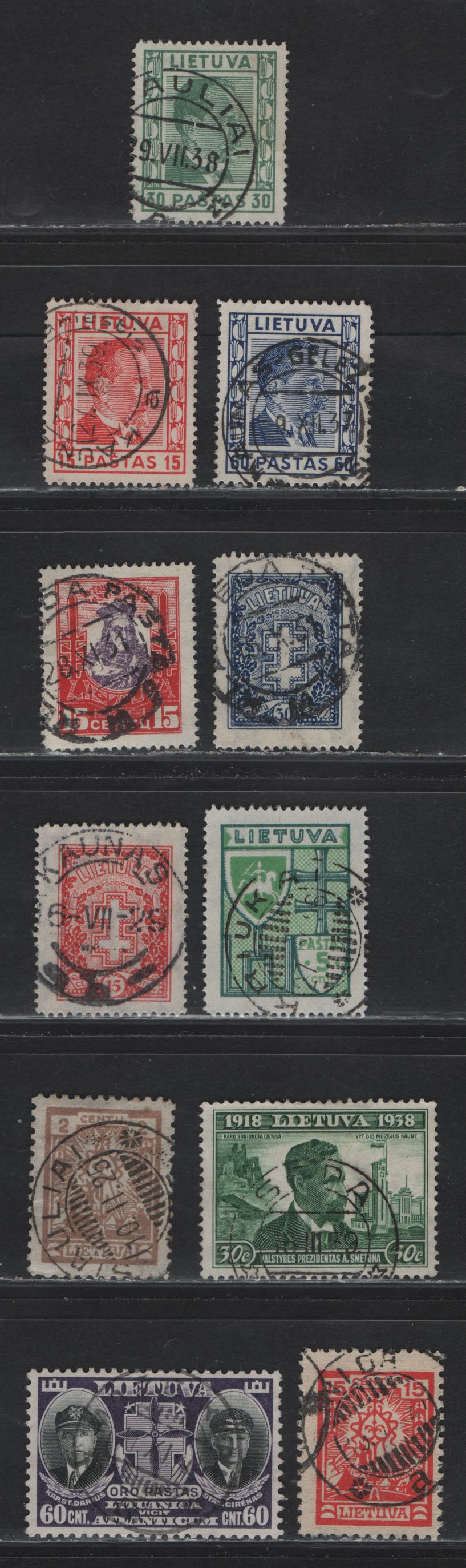 Lot 242 Lithuania SC#196, 191, 237, 239, 246, 287, 298-300, 307, C81 15c-60c Scarlet-Dark Violet & Black Cross - Capts Darius & Girenas, 1923 Definitive Issue - 1934 Dairius & Girenas Memorial Issue, 11 Fine & VF Used Singles With SON CDS Town Cancels