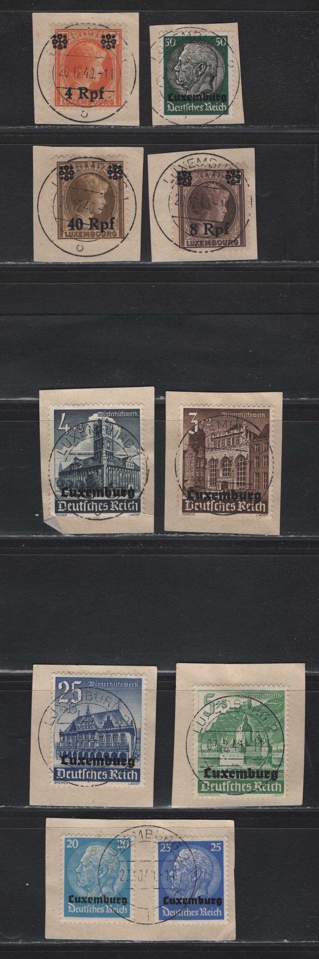Lot 244 Luxembourg - German Occupation SC#N9/NB8 20pf-25+15pf Bright Blue - Deep Ultramarine, 1940-1941 Luxembourg Overprints On Von Hindenburg Definitives & Semi-Postals, 10 Fine & VF Used Singles With SON CDS Town Cancels