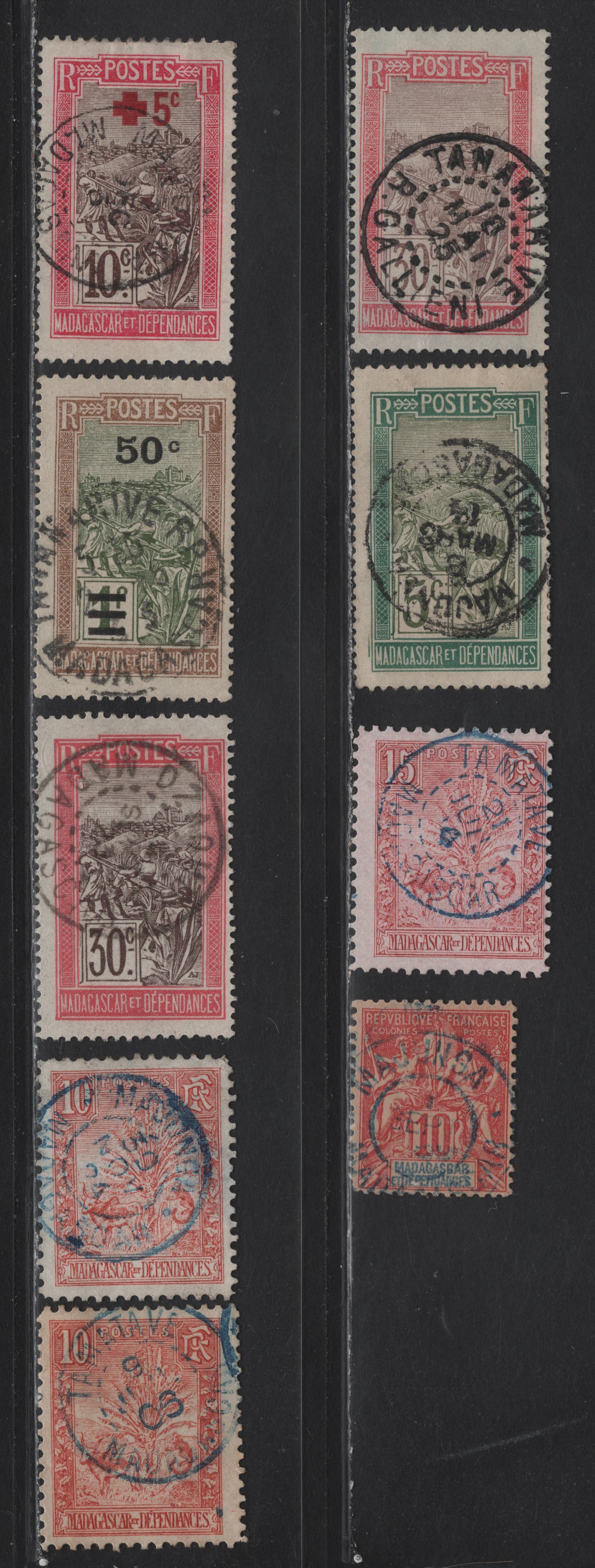Lot 245 Madagascar SC#34, 67-68, 82, 94, 179, B1 10c-10c+5c Red - Rose & Brown, 1896-1906 Peace & Commerce Issue - 1915 Semi-Postal Issue, 9 Fine & VF Used Singles With SON CDS Town Cancels, One #67 With A Thin