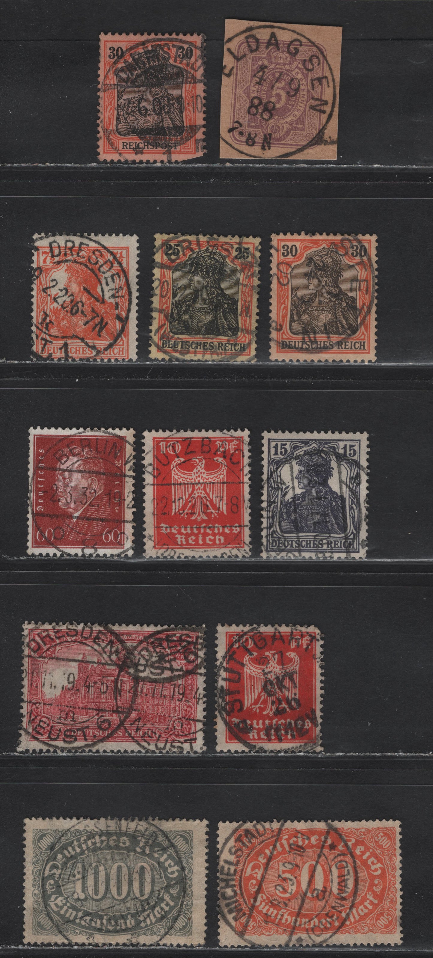 Lot 256 Germany SC#42/382 50pf-60pf Grey - Orange Brown Arms - Friedrich Ebert, 1880-1883 Embossed Arms Issue Without Final E - 1928-1932 Ebert & Hindenburg Definitives, 13 Fine & VF Used Singles With SON CDS Town Cancels