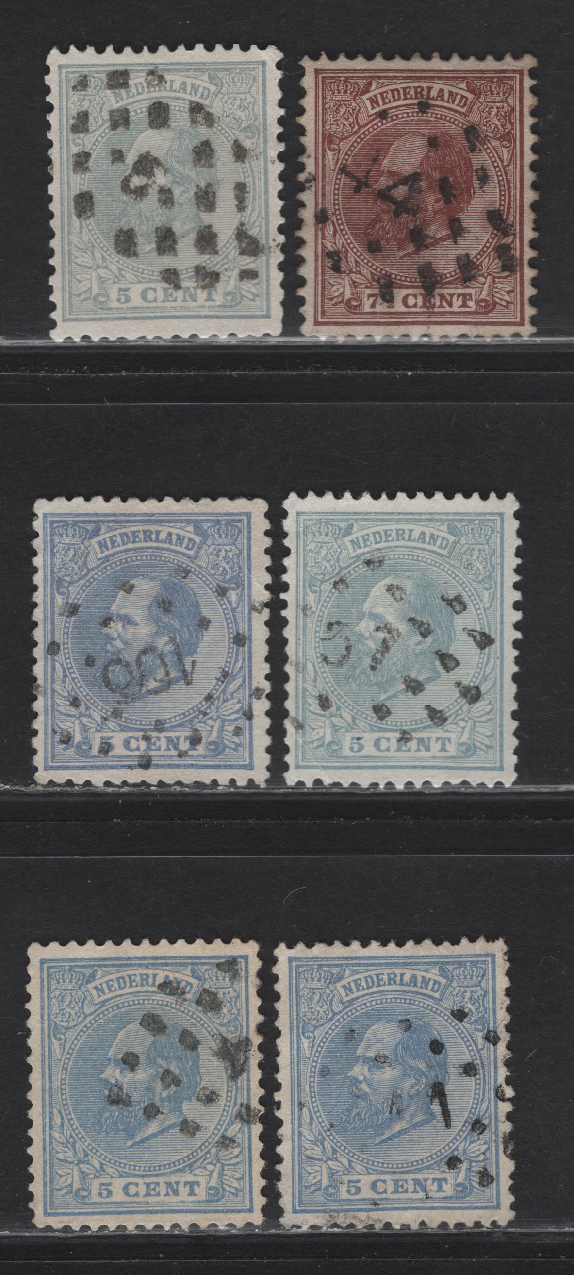 Lot 260 Netherlands SC#23, 23a, 24 5c, 7.5c Blue, Ultramarine & Red Brown King William III, 1872-1888 King William III Keyplates, 5 Fine & VF Used Singles With SON Dotted Numeral Cancels