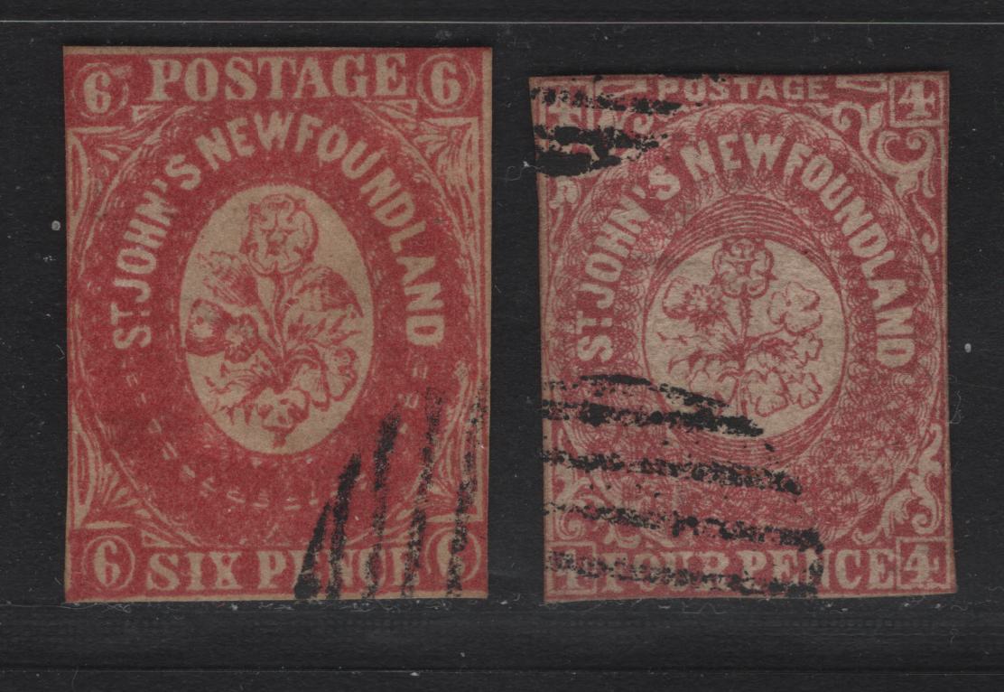 Lot 26 Newfoundland #18f,20f 4d & 6d Rose, 1861-1862 Pence Issue, 2 G&VG Used Singles Forgeries, Attributed To Spiro Brothers