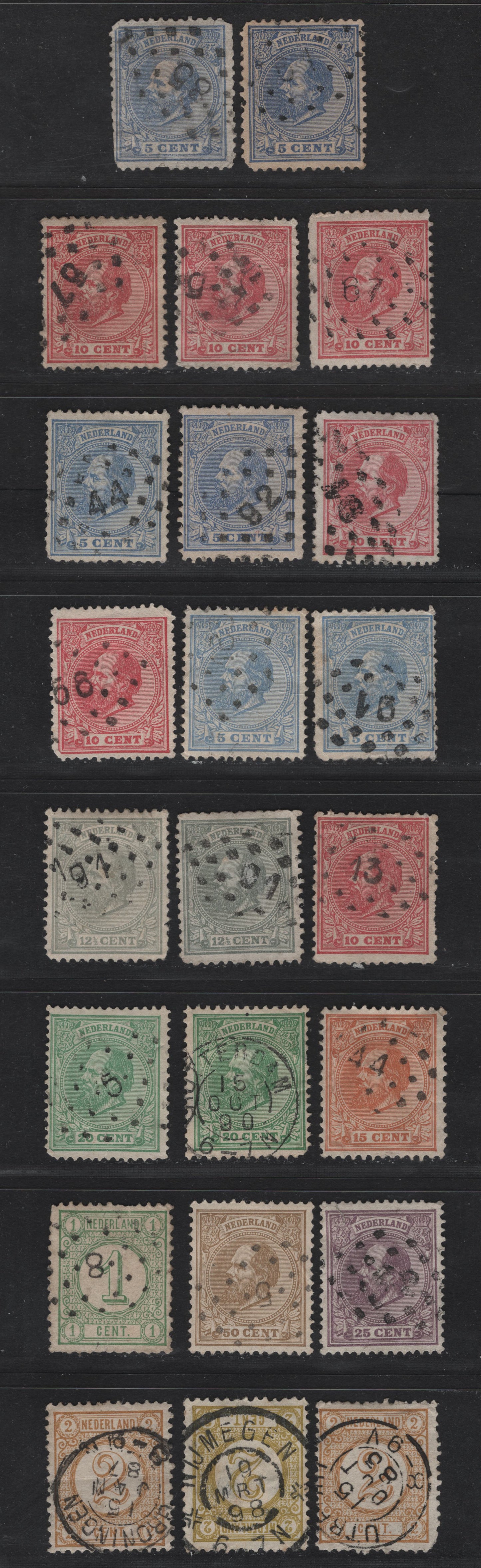 Lot 262 Netherlands SC#23a/31, 35-36 5c-2c Ultramarine - Olive Yellow King William III & Numeral, 1872-1888 King William III Keyplates & 1876-1894 Numerals, 23 VG Used Singles With SON Dotted Numeral & CDS Town Cancels
