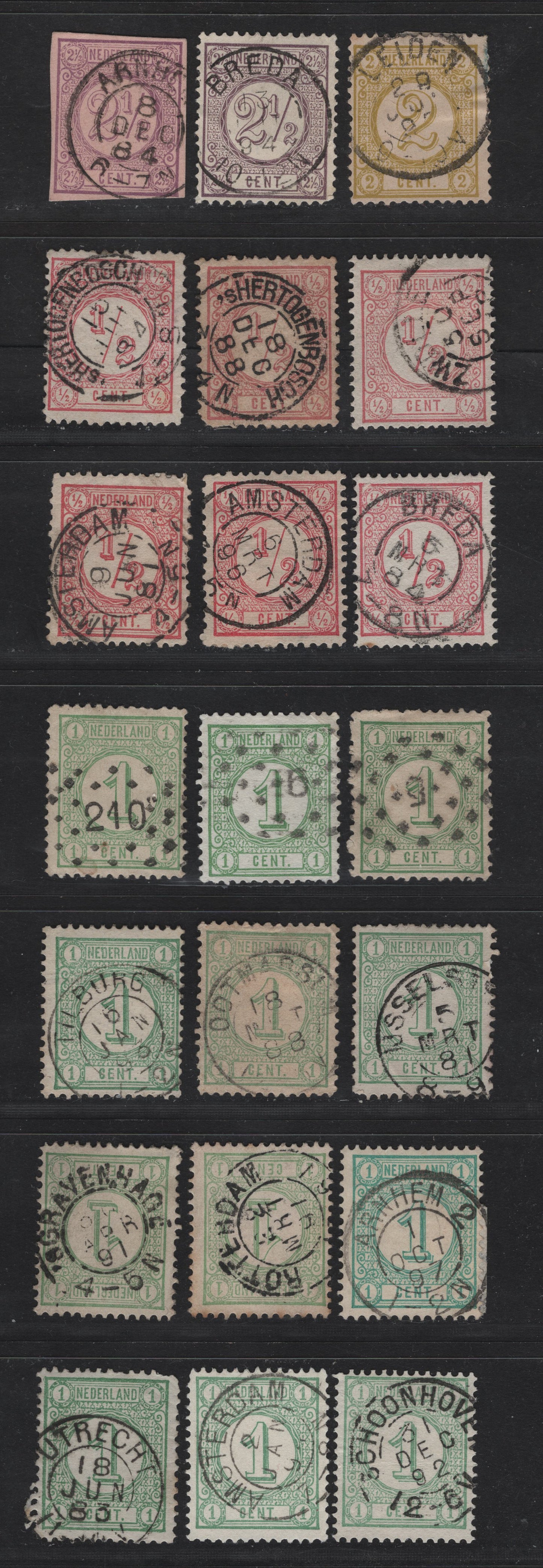 Lot 263 Netherlands SC#34/34a, 35-37 1/2c-2.5c Rose-Violet Numeral, 1876-1894 Numeral Issue, 21 VG-VF Used Singles With SON Dotted Numeral & CDS Town Cancels