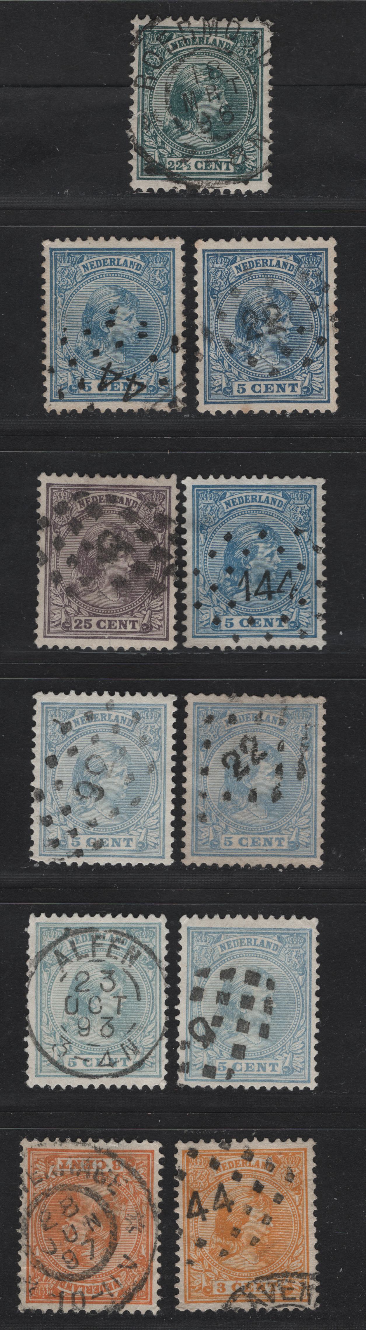 Lot 266 Netherlands SC#40, 40a, 41, 41a, 47a, 48 3c-25c Orange - Dull Violet Princess Wilhelmina, 1891-1894 Princess Wilhelmina Keyplates, 11 VF Used Singles With SON Dotted Numeral & CDS Town Cancels