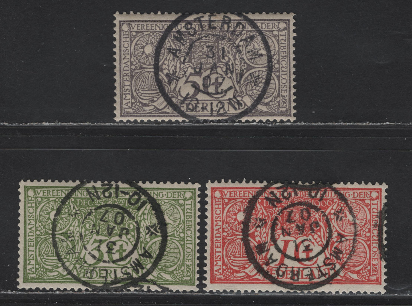 Netherlands SC#B1-B3 1c+1c - 5c+5c Rose Red - Grey Allegory of Fighting Tuberculosis, 1906 Semi-Postal Issue, 3 Fine & VF Used Singles CTO Set With January 31, 1907 Amsterdam CDS Cancels