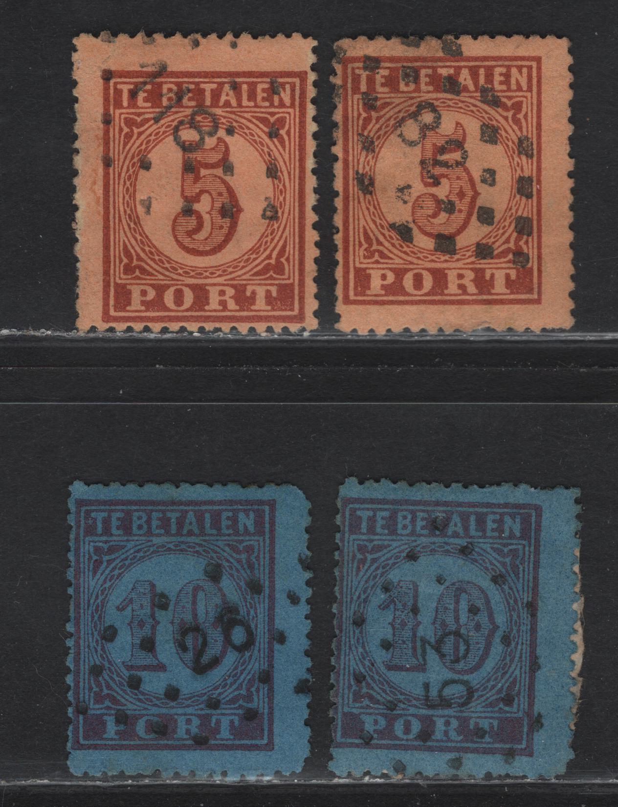 Lot 276 Netherlands SC#J1-J2a 5c-10c Brown On Straw & Violet On Blue Numeral in Circular Frame, 1870 Postage Due Issue, 4 VG Used Singles With SON Dotted Numeral Cancels & Both Perfs