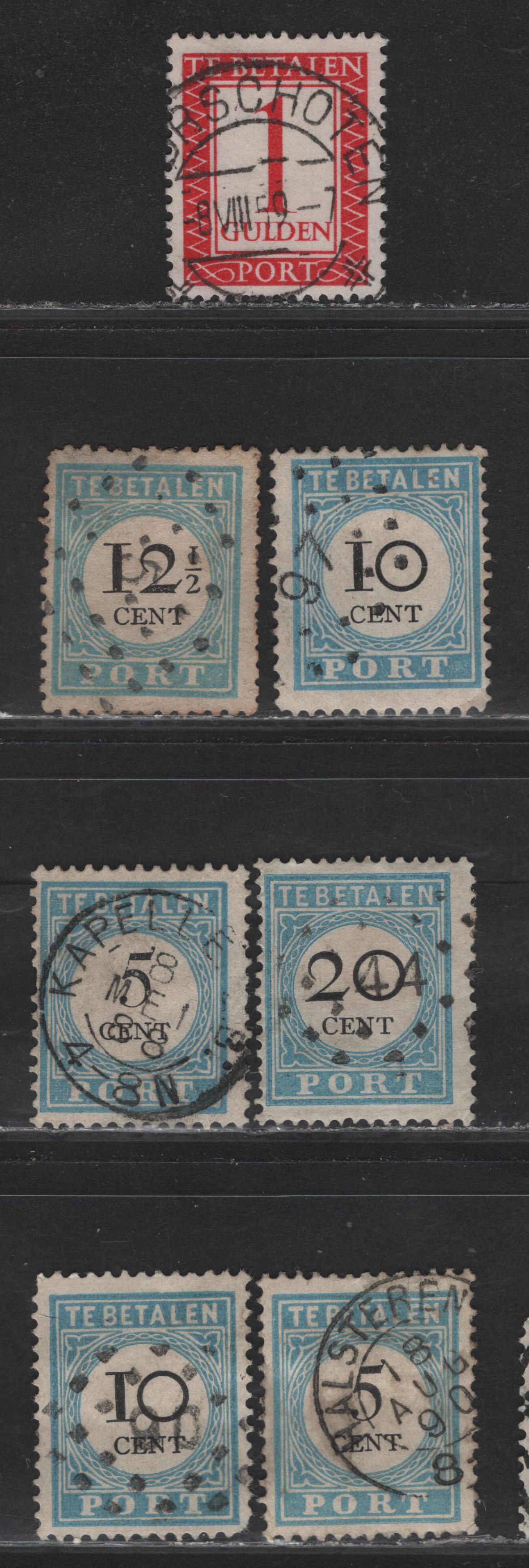 Lot 279 Netherlands SC#J6-J8, J10b, J105 5c-1g Light Blue - Carmine Numeral in Circular/Rectangular Frame, 1881-1887 & 1947-1958 Postage Due Issue, 7 Fine & VF Used Singles Type III, With SON CDS & Dotted Numeral Cancels
