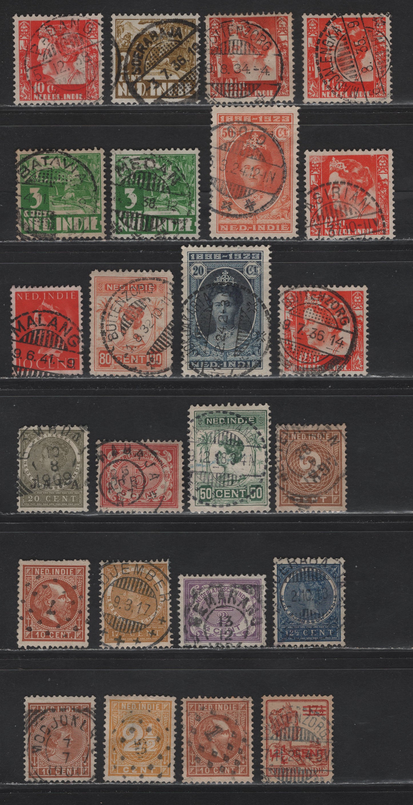 Lot 283 Netherlands Indies SC#9/174a 10c-10c Orange Brown-Vermilion, 1870-1888 King William III Sidefaces - 1933-1937 Rice Field & Queen Wilhelmina Definitives, 24 VF Used Singles With SON CDS and Dotted Diamond Numeral Cancels