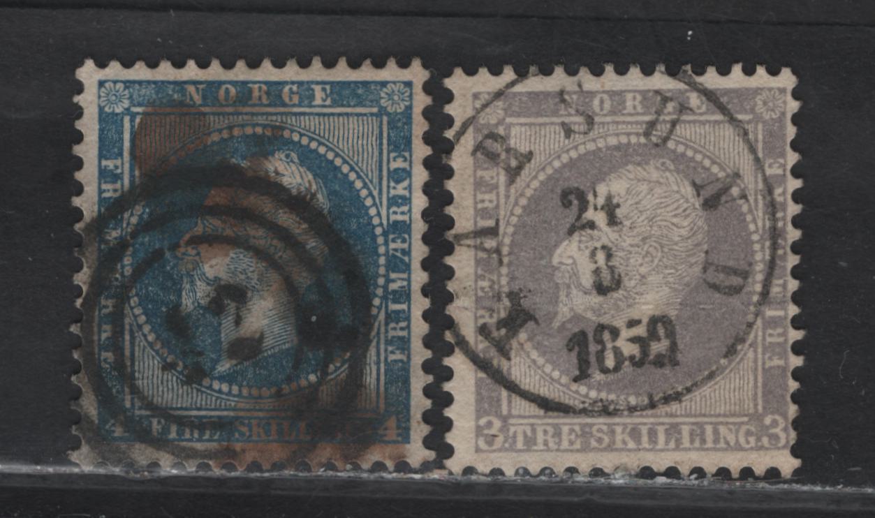 Lot 288 Norway SC#4, 3 3s-4s Lilac & Blue King Oscar I, 1856-1857 King Oscar I Sidefaces, 2 Fine Used Singles With SON #42 Christiania & August 24, 1859 Farsund CDS Cancels