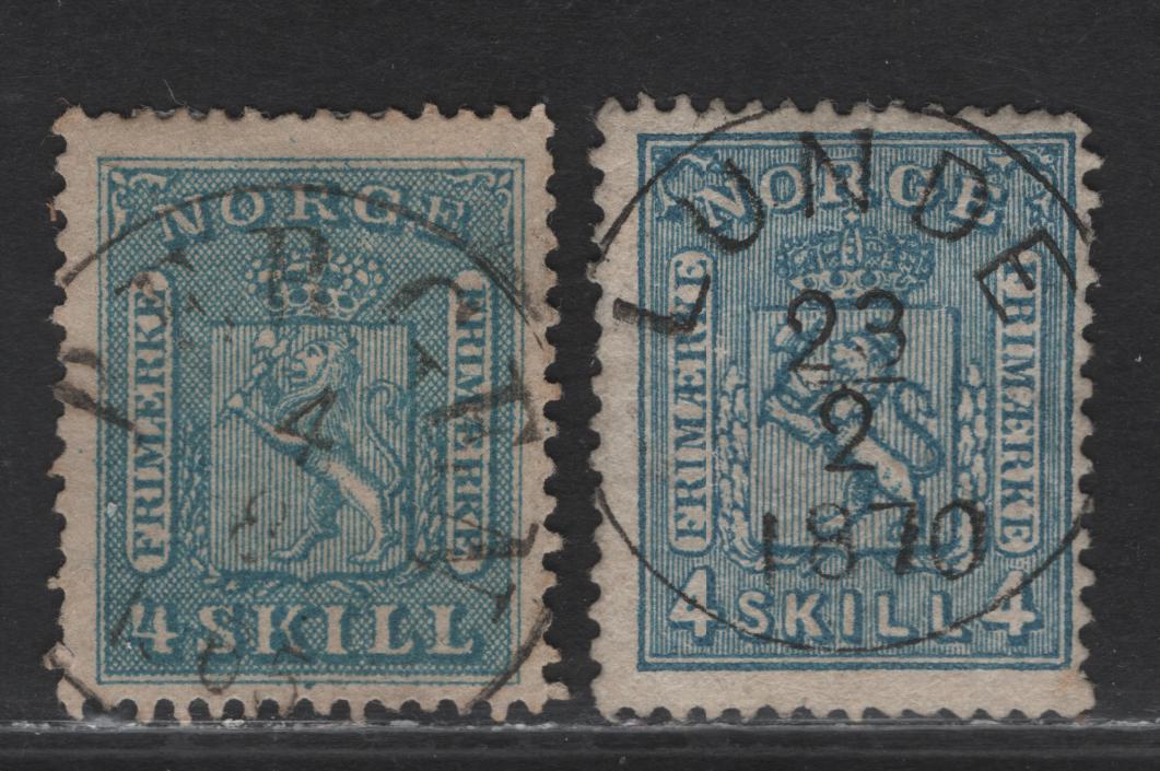 Lot 290 Norway SC#8a, 14 4s Blue & Greenish Blue Lion Rampant, 1867-1868 Lion Rampant Issue With Vertical Lined & Cross Hatched Background, 2 Fine Used Singles SON Bergen & Lunde Cancels