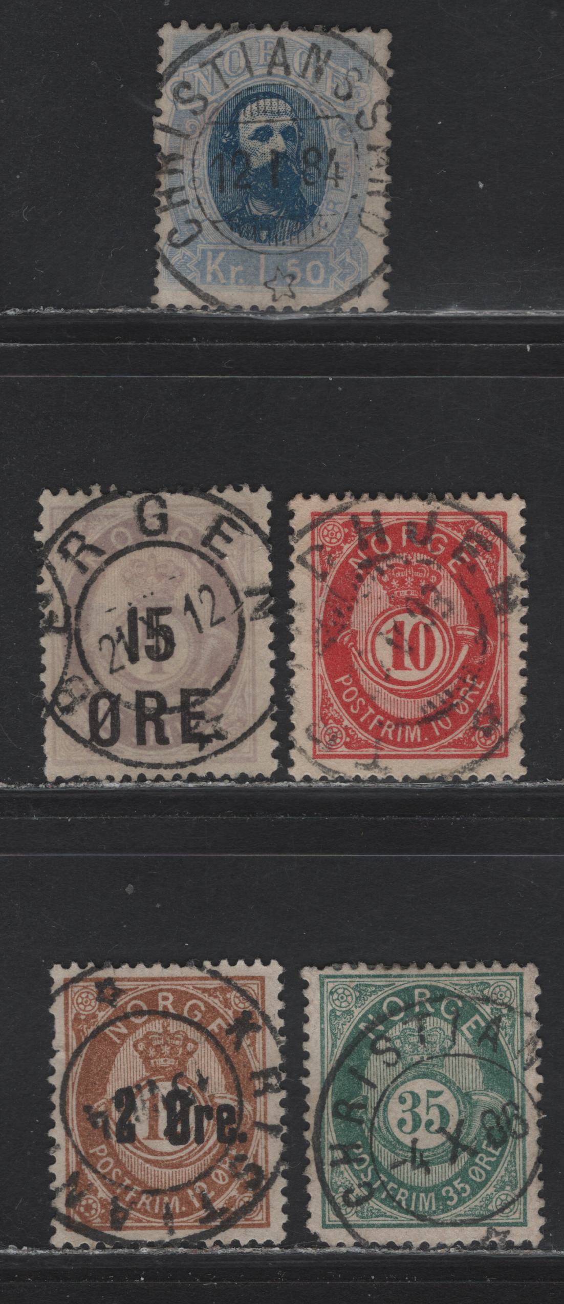 Lot 291 Norway SC#33, 29, 40b, 46, 62 35o-15o on 4s Blue Green - Lilac 1877-1878, 1882-1893  Post Horn Issues With Sans-Serif Inscriptions & 1888-1908 Surcharges, 5 Fine & VF Used Singles SON Bergen, Christiania, Kristian & Dhjen CDS Cancels