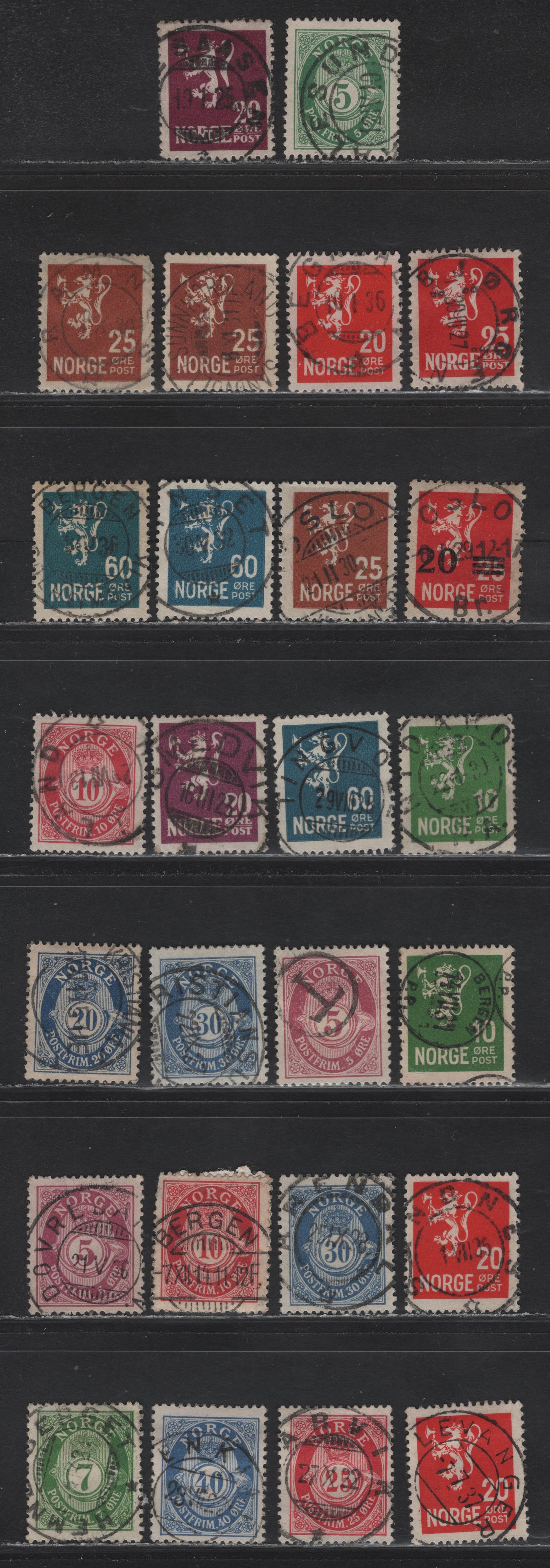 Lot 293 Norway SC#77/93, 101-102, 131, 115/128 5o-20o on 25o Green-Red Crown & Post Horn & Lion Rampant, 1910-1929 Redrawn Post Horn Issue & 1922-1934 Small Format Lion Rampant Issues, 26 Fine & VF Used Singles With SON CDS Town Cancels
