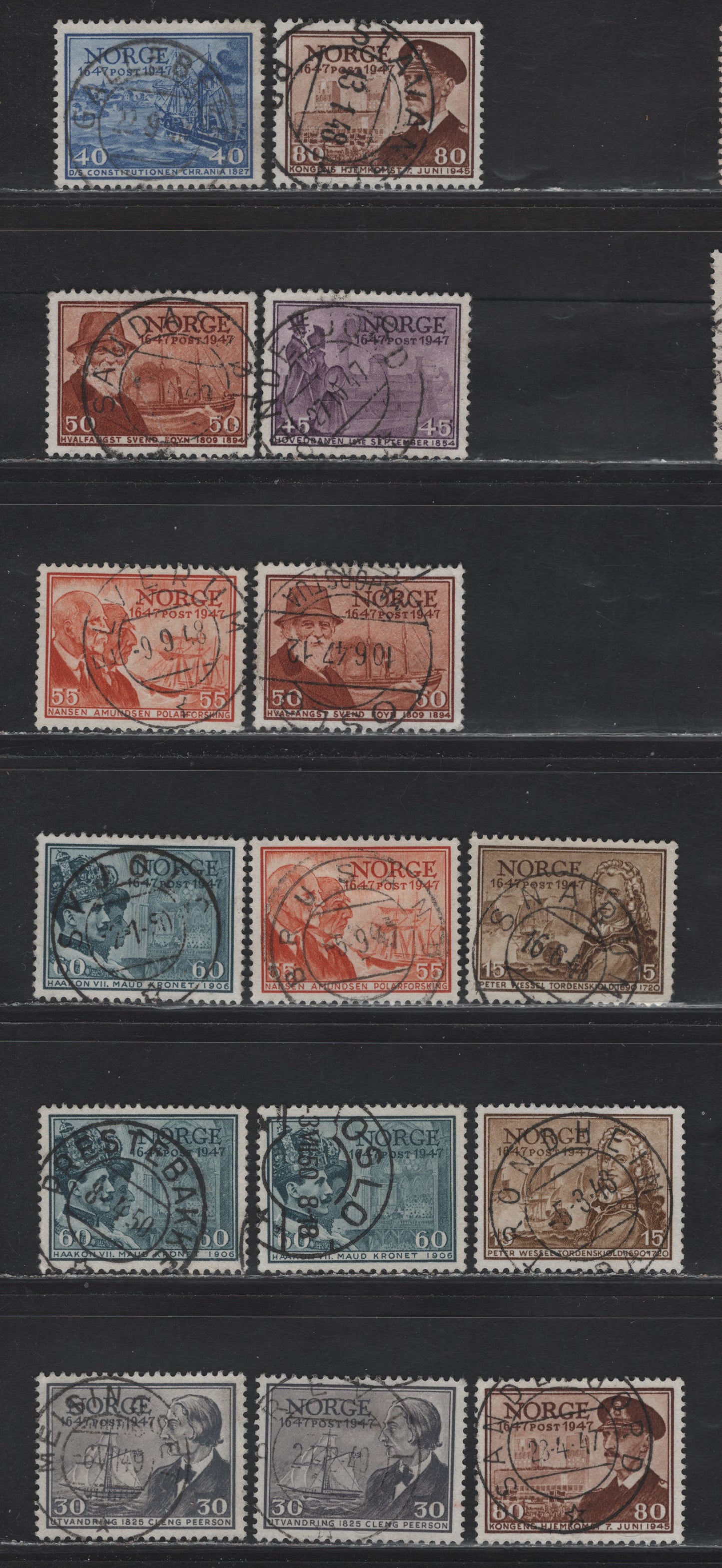 Lot 297 Norway SC#281/289 15o-80o Brown-Dark Brown Admiral Tordenskjold - Return of King Haakon, 1947 300th Anniversary of Norwegian Post Office, 15 VF Used Singles With SON CDS Town Cancels