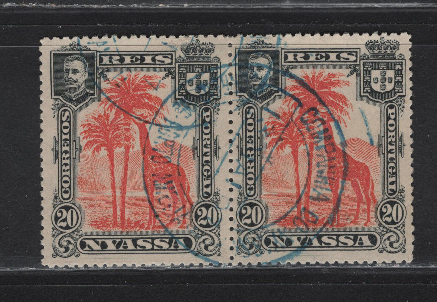 Lot 300 Nyassa SC#30 20r Black & Orange Giraffe, 1901 Engraved Camel & Giraffe Definitives, A VF Used Pair With SON Cancel