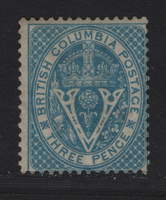 Lot 3 British Columbia #7a 3d Pale Blue, 1865 Emblems Issue, Wmk Crown CC, A VG OG Single