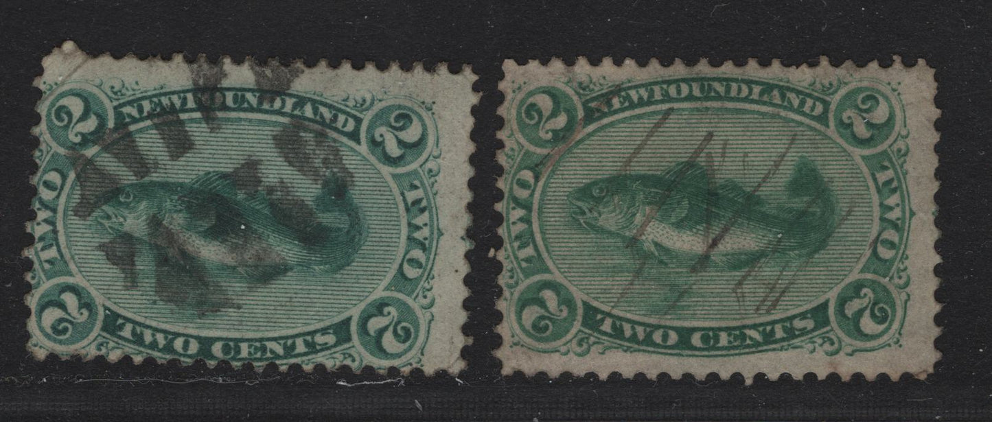 Lot 43 Newfoundland #24,24a 2c Green, 1865-1894 First Cents Issue, 2 FR&VG Used Singles On Papers Cents-U & Cents-V