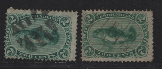 Lot 43 Newfoundland #24,24a 2c Green, 1865-1894 First Cents Issue, 2 FR&VG Used Singles On Papers Cents-U & Cents-V