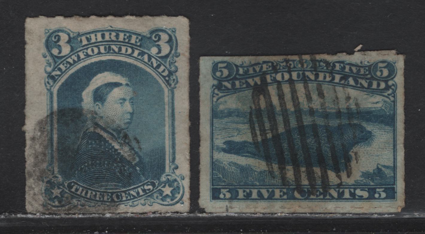 Lot 69 Newfoundland #39,40 3c Blue On Cents-FF Paper, 5c Blue On Cents-Y Paper, 1876-1879 Rouletted Cents Issue, 2 Fine Used Singles