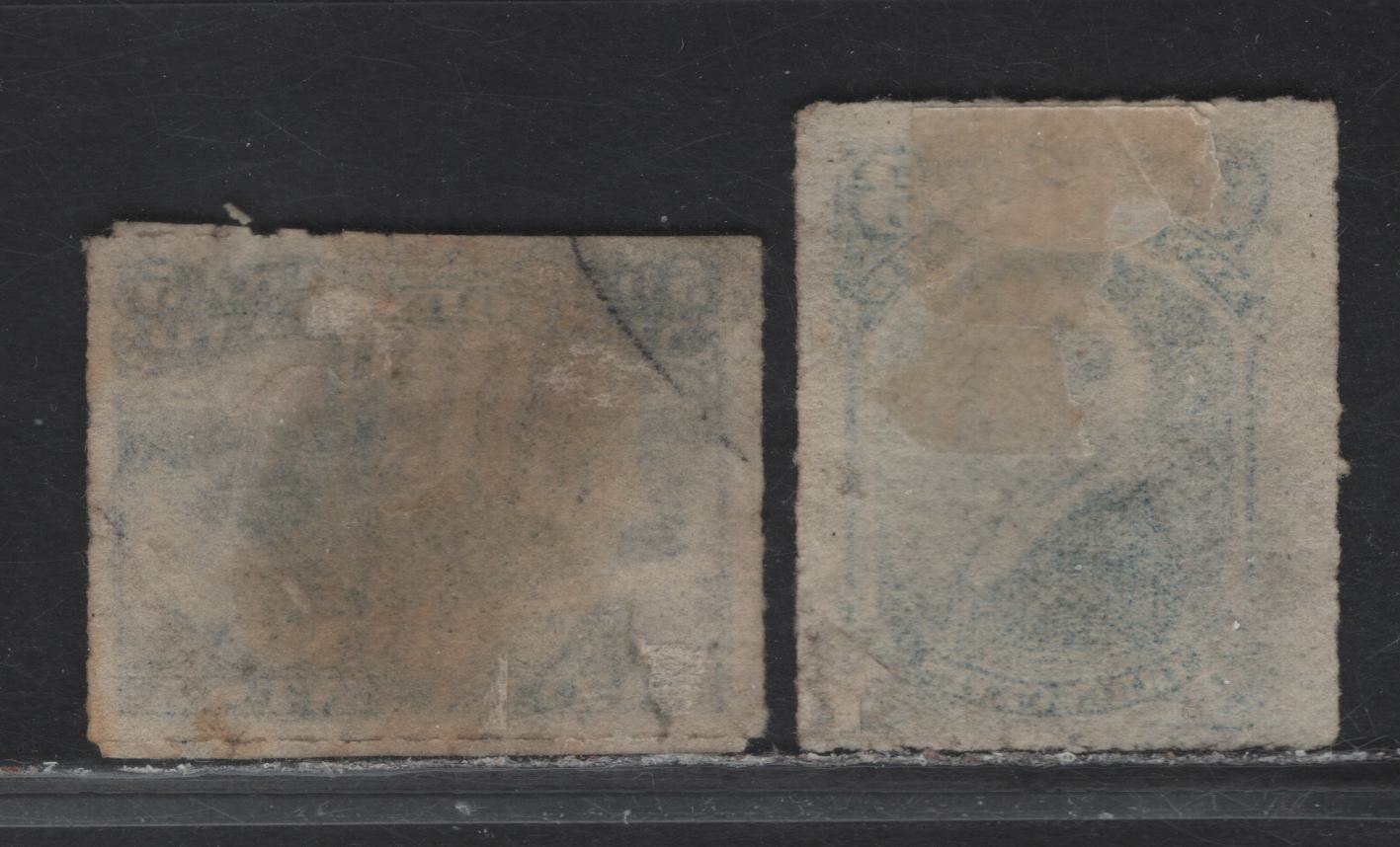 Lot 69 Newfoundland #39,40 3c Blue On Cents-FF Paper, 5c Blue On Cents-Y Paper, 1876-1879 Rouletted Cents Issue, 2 Fine Used Singles