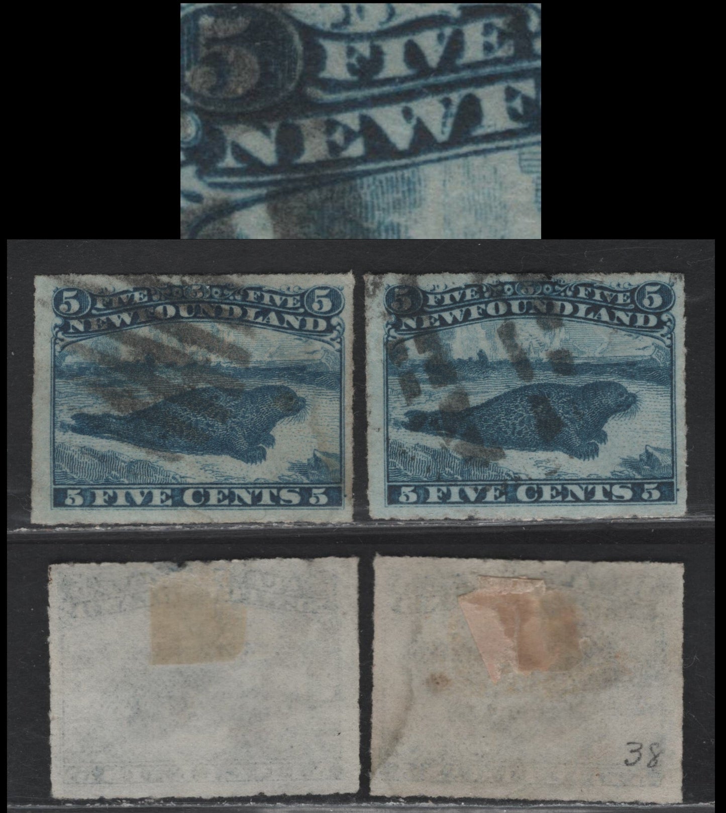 Lot 70 Newfoundland #40 5c Blue & Prussian Blue, 1876-1879 Rouletted Cents Issue, 2 F&VF Used Singles On Paper Cents-T. The Prussian Blue Shade Shows The Position 17 Re-Entry, With Distinct Marking In The 'W' Of Newfoundland