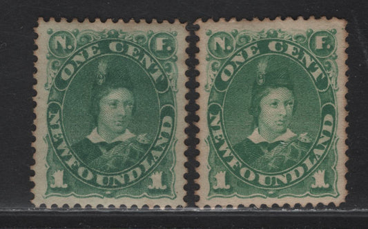 Lot 74 Newfoundland #45,45a 1c Green & Yellow Green, 1880-1896 Third Cents Issue, A FOG Single On Papers Cents-MM & Cents LL, Perf 12. Some Light Toning, But Both Are Still VF, Nicely Centered Examples