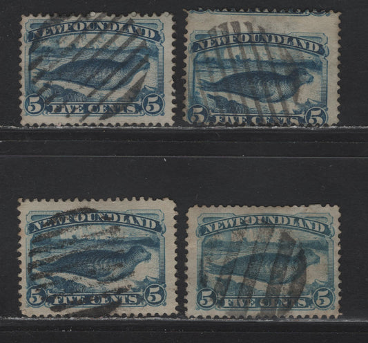 Lot 87 Newfoundland #53,54,55 5c Dull Blue, Deep Blue & Deep Bright Blue, 1880-1896 Third Cents Issue, 4 F & VG Used Singles On Papers Cents-YY, Cents-XX & Cents-LL, All Unchecked As To Perf And With Clear & Full Steel Grid Cancels