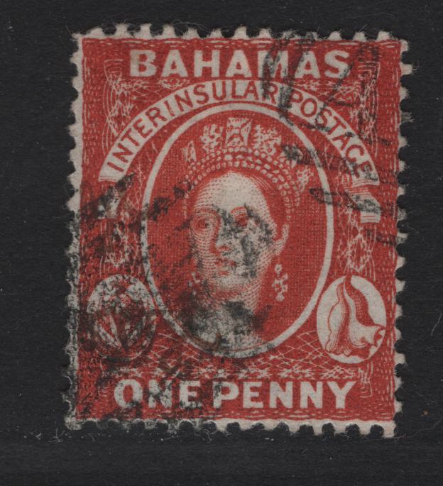 Lot 10 Bahamas SG#42 1d Scarlet Queen Victoria, 1882 Queen Victoria Sideface Issue, A Fine Used Single, Perf 14, Crown CA Wmk