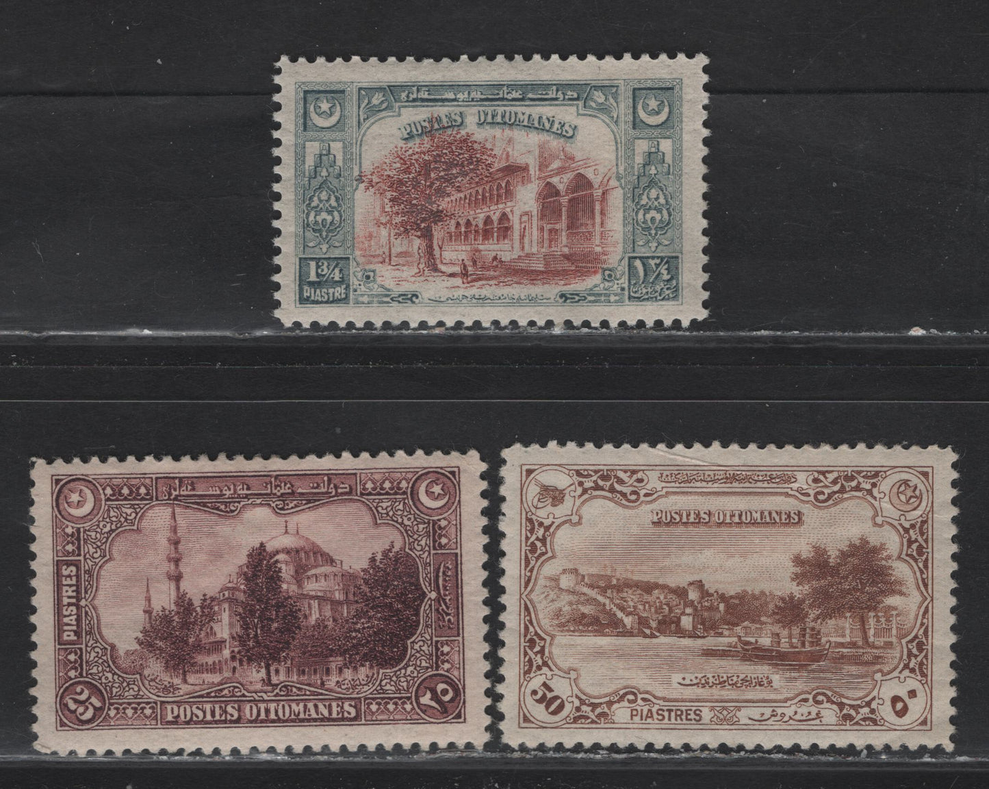Lot 102 Turkey (C)  SC#252, 597-598 1.75pi - 50pi Slate & Red Brown - Brown Pictorials, 1913-1920 Pictorial Issue, 3 VFOG Singles