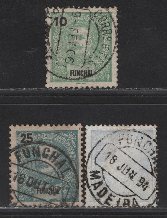 Lot 105 Funchal SC#6a, 15, 19 50r - 5r Ultramarine - Sea Green King Carlos, 1892-1905 King Carlos Keyplate Issues, 3 Fine/Very Fine Used Singles