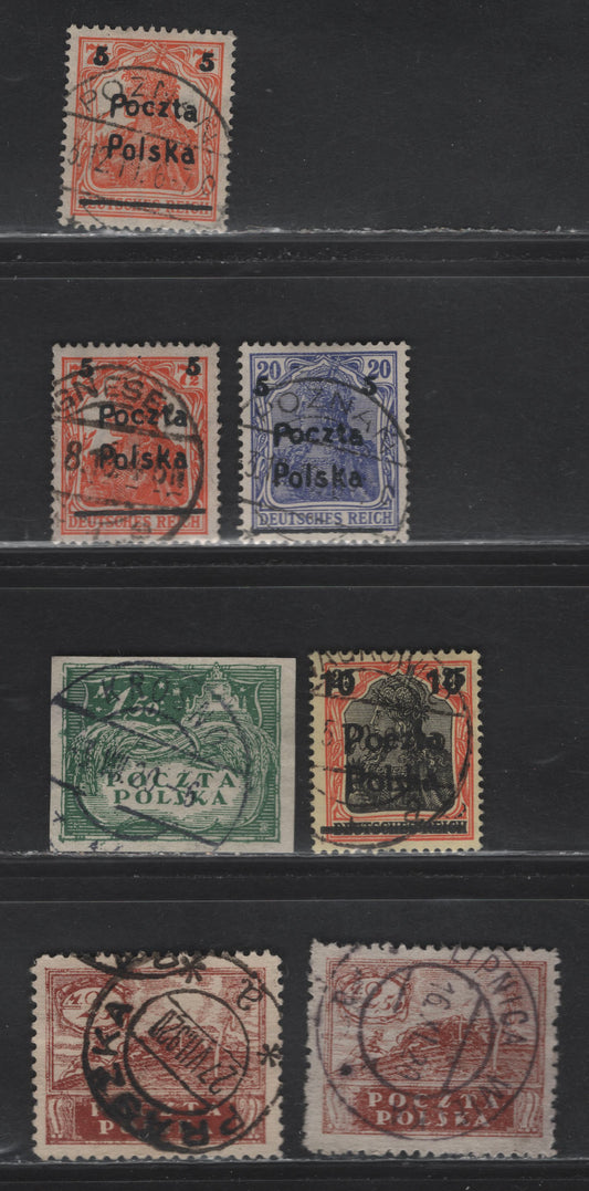 Lot 107 Poland SC#73-75, 89, 107 5pf on 7.5pf - 2.5m Orange - Orange Brown Poznan - Agriculture, Peace & Calvaryman, 1919 Poznan - Agriculture, Peace & Calvaryman Issues, 5 Fine/Very Fine Used Singles, All With SON Town Cancels