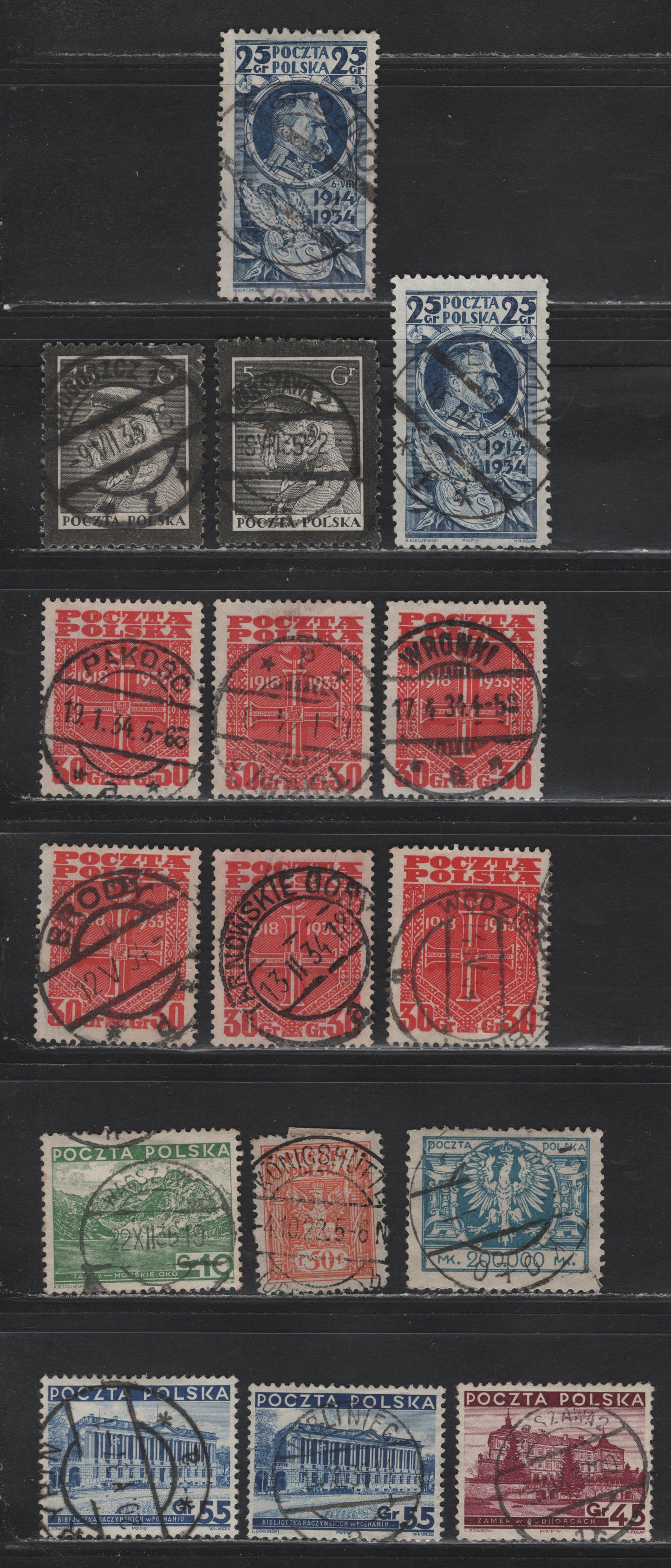 Lot 110 Poland SC#279, 282, 287-288, 210, 174, 295, 300, 302 50f - 55g Orange - Blue Union Of Upper Silesia With Poland - Pictorial, 1922-1936 Union Of Upper Silesia With Poland - Pictorial Issues, 9 Very Fine Used Singles, CDS SON Town Cancels
