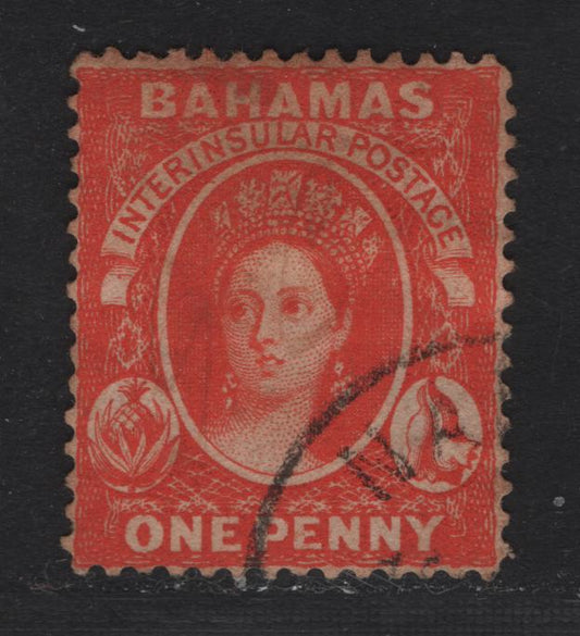 Lot 11 Bahamas SG#42 1d Vermillion Queen Victoria, 1882 Queen Victoria Sideface Issue, A Fine Used Single, Perf 14, Crown CA Wmk, Light Horizontal Bend.