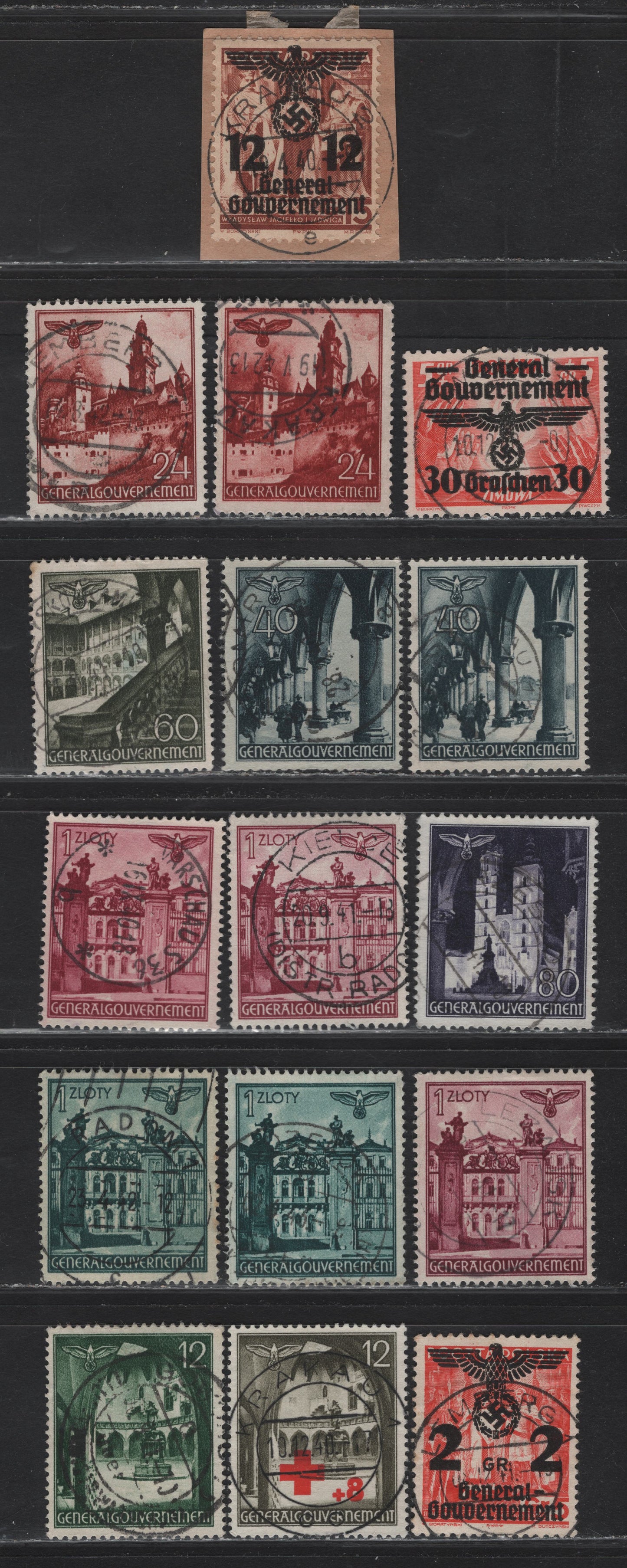 Lot 113 Poland SC#N33, N38, N41, NB1, N60, N63, N66, N69, N70-N72 2g on 5g - 12g+8g Red Brown - Olive Gray General Gov't, 1940 General Gov't -Semi Postal Issues, 11 Fine/Very Fine Used Singles, SON Town Cancels